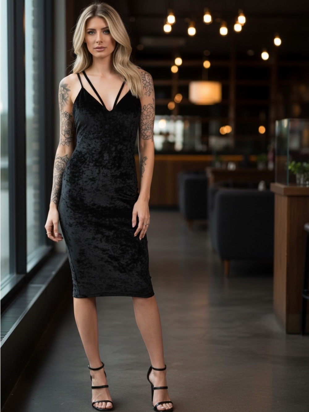 Black Crushed Velvet Midi Dress Plunging V-Neck Caged Open Back Double Strap M - Picture 14 of 16